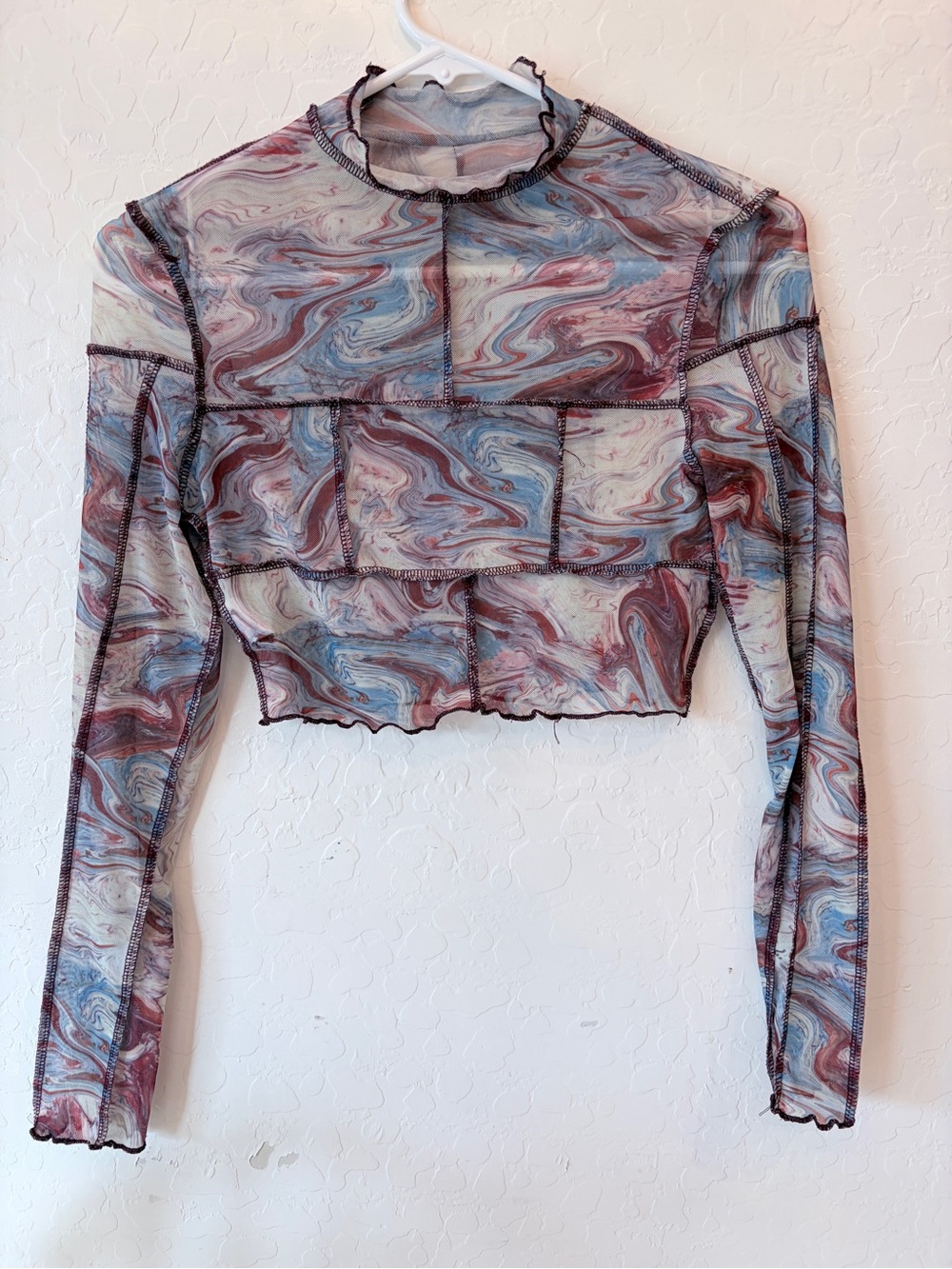 Mesh Long-Sleeve Crop Top in Multicolor Marble Print